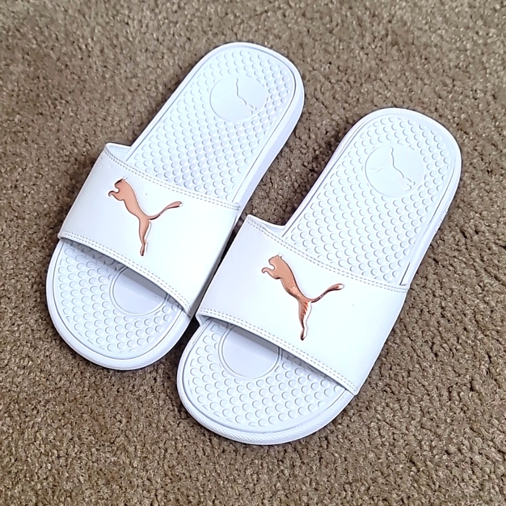 Woman's Puma White w/ Rose Gold Logo Slide On Sandals